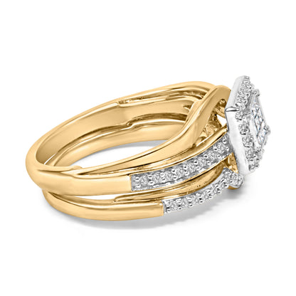 Juego de novia de oro amarillo de 14 quilates con baño de plata esterlina y diamantes de corte princesa de 1/2 quilate