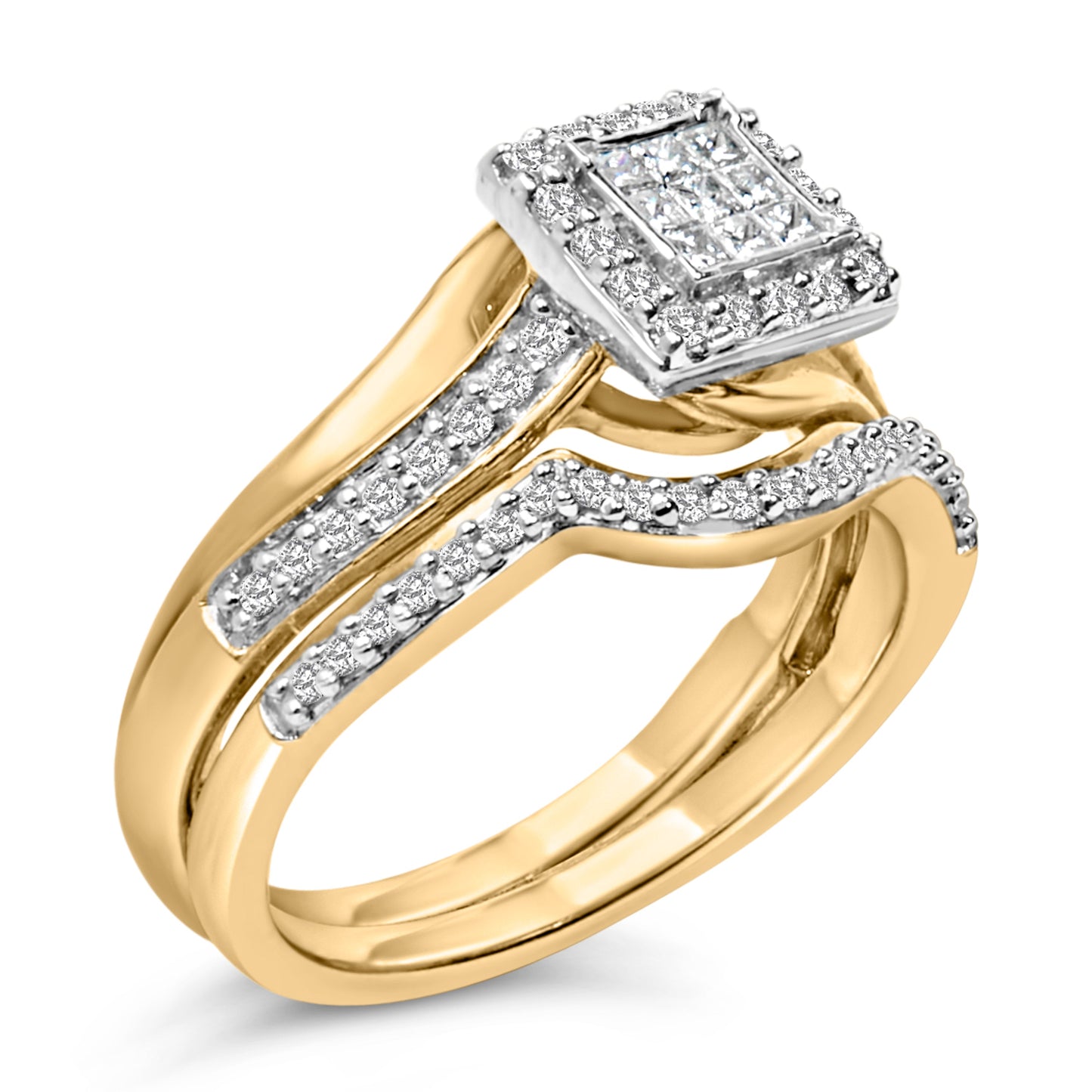 Juego de novia de oro amarillo de 14 quilates con baño de plata esterlina y diamantes de corte princesa de 1/2 quilate
