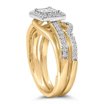 Juego de novia de oro amarillo de 14 quilates con baño de plata esterlina y diamantes de corte princesa de 1/2 quilate