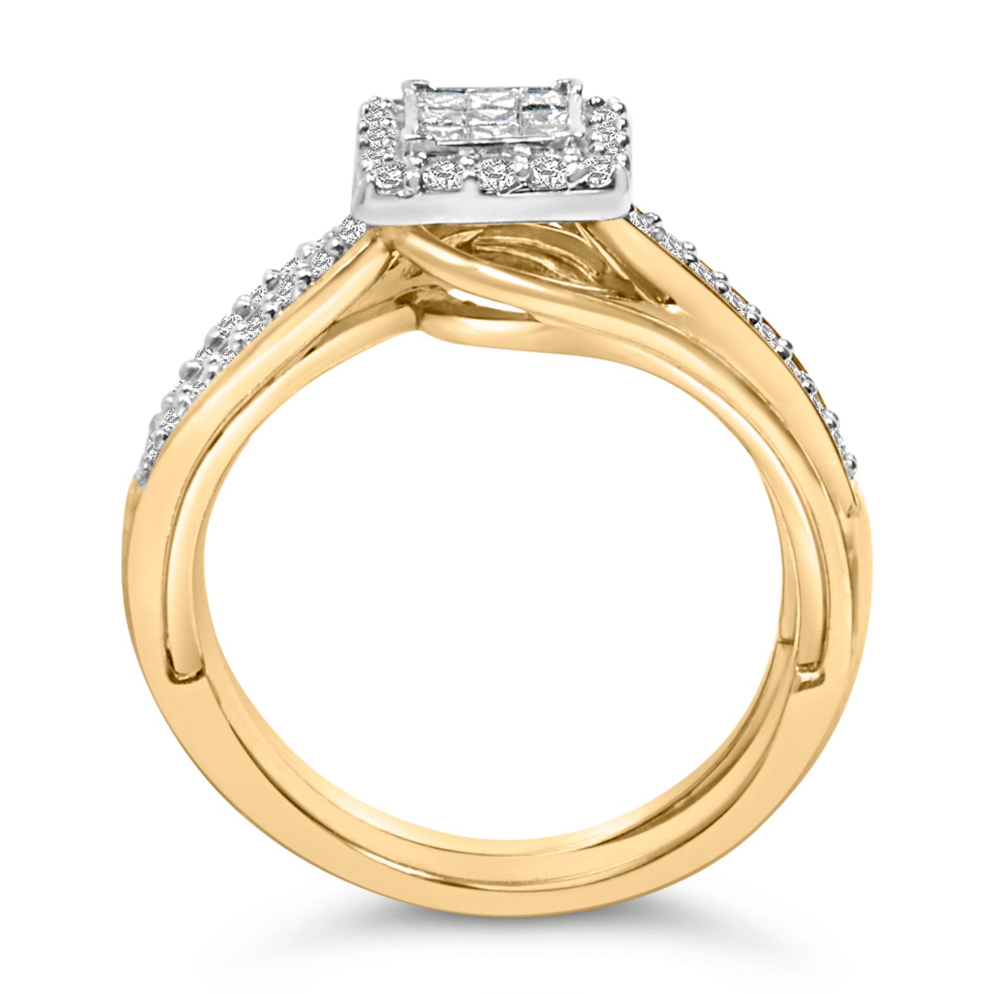 Juego de novia de oro amarillo de 14 quilates con baño de plata esterlina y diamantes de corte princesa de 1/2 quilate