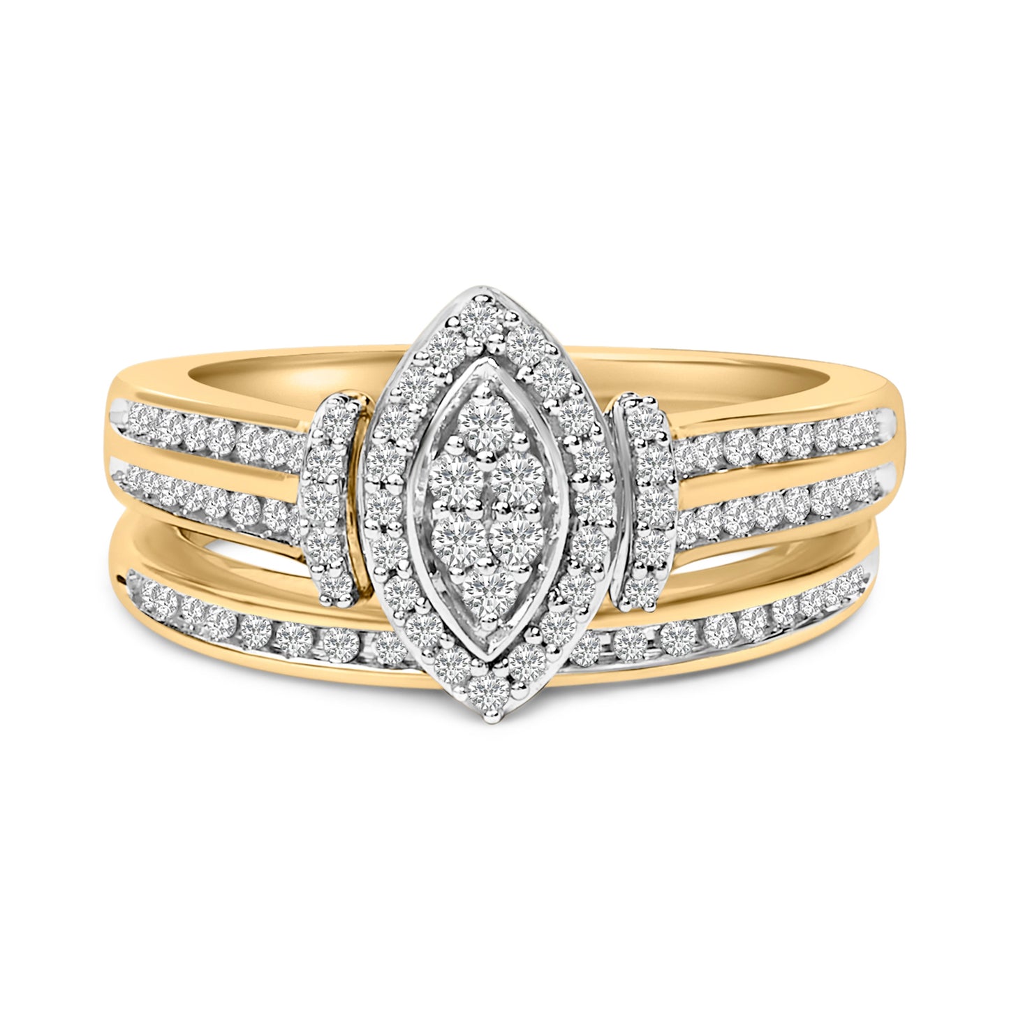 Juego de novia de racimo de diamantes de talla marquesa de 1/2 quilate engarzados en plata de ley chapada en oro amarillo de 14 quilates
