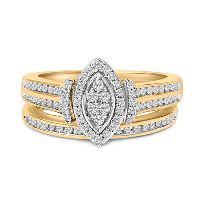 Juego de novia de racimo de diamantes de talla marquesa de 1/2 quilate engarzados en plata de ley chapada en oro amarillo de 14 quilates