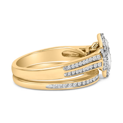 Juego de novia de racimo de diamantes de talla marquesa de 1/2 quilate engarzados en plata de ley chapada en oro amarillo de 14 quilates