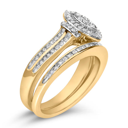 Juego de novia de racimo de diamantes de talla marquesa de 1/2 quilate engarzados en plata de ley chapada en oro amarillo de 14 quilates