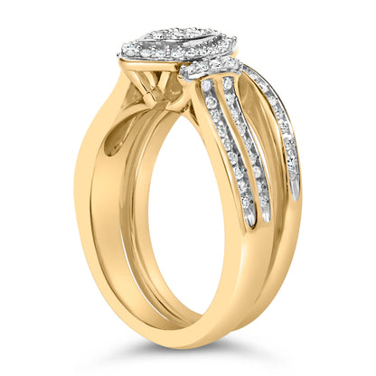 Juego de novia de racimo de diamantes de talla marquesa de 1/2 quilate engarzados en plata de ley chapada en oro amarillo de 14 quilates