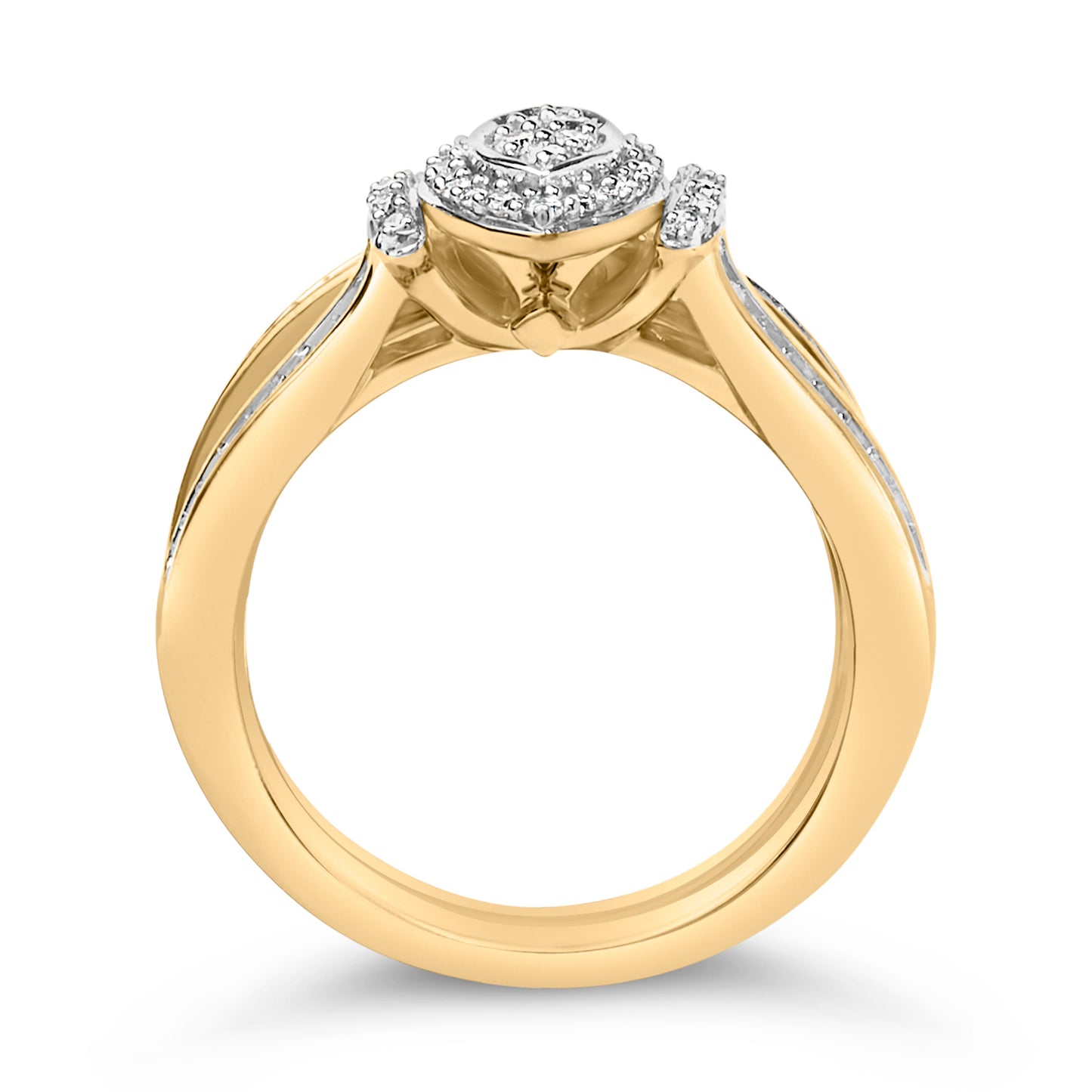 Juego de novia de racimo de diamantes de talla marquesa de 1/2 quilate engarzados en plata de ley chapada en oro amarillo de 14 quilates