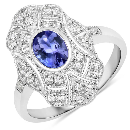 Anillo de plata esterlina .925 con tanzanita genuina de 1,17 quilates y topacio blanco