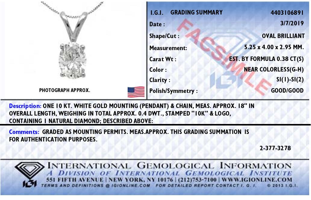 Collar con Colgante Ovalado de Diamantes Engastados en Garra de Oro Blanco de 10K con Certificado IGI, 3/8 cttw (Color I-J, Claridad I1) - Talla 18"