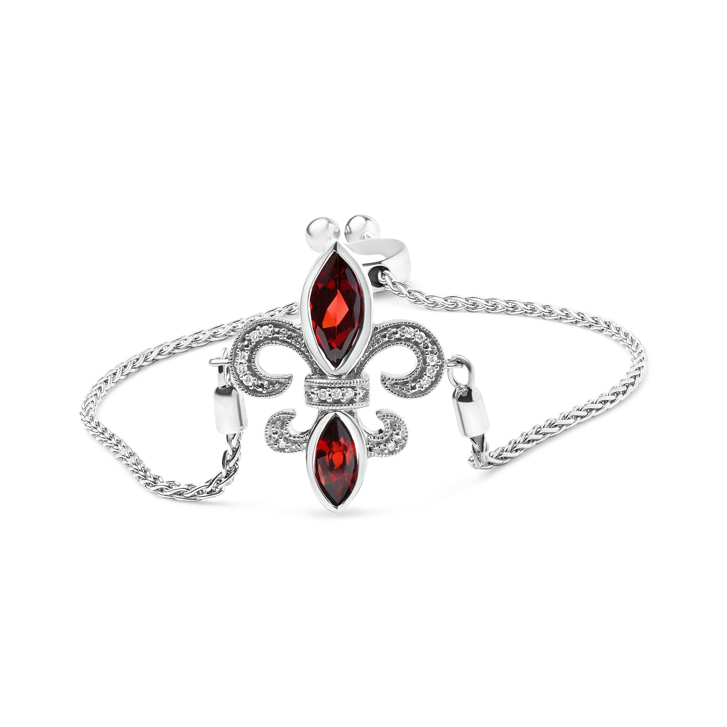 Pulsera bolo ajustable de plata de ley .925 con granate marquesa y acentos de diamante de 4 a 10 pulgadas con diseño de flor de lis (color H-I, claridad SI1-SI2)