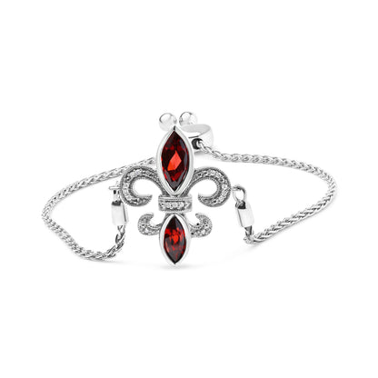 Pulsera bolo ajustable de plata de ley .925 con granate marquesa y acentos de diamante de 4 a 10 pulgadas con diseño de flor de lis (color H-I, claridad SI1-SI2)