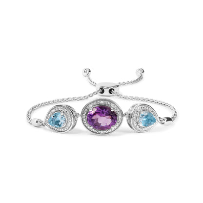 Pulsera de bolo ajustable de plata de ley .925 con amatista ovalada, topacio azul en forma de pera y acento de diamante de 4 a 10 pulgadas (color H-I, claridad SI1-SI2)
