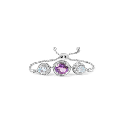 Pulsera de bolo ajustable de plata de ley .925 con amatista ovalada, topacio azul en forma de pera y acento de diamante de 4 a 10 pulgadas (color H-I, claridad SI1-SI2)