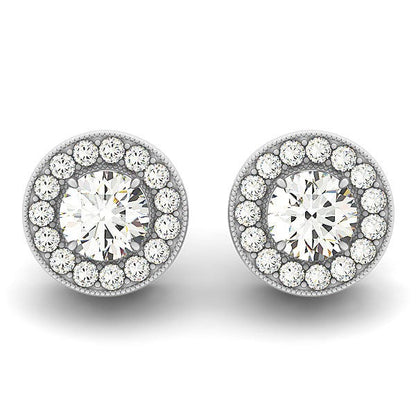 Pendientes de halo con borde milgrain de oro blanco de 14k con diamantes redondos (3/4 quilates en total)
