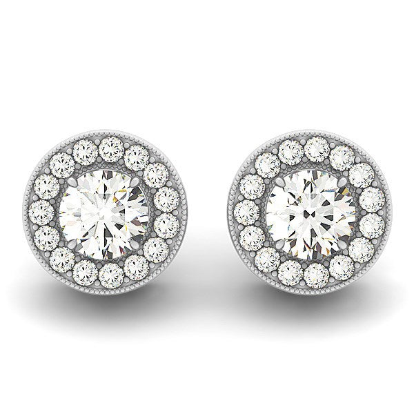 Pendientes de halo con borde milgrain de oro blanco de 14k con diamantes redondos (3/4 quilates en total)