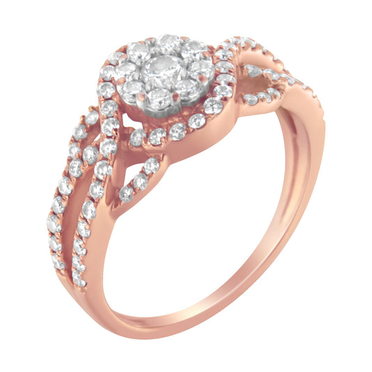 Anillo tipo cóctel de oro rosa de 10K con cabeza de grupo floral de diamantes de 3/4 Cttw y vástago trenzado (color H-I, claridad SI1-SI2) - Talla 7