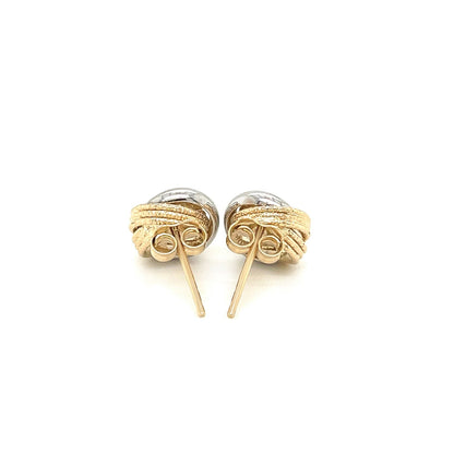 Pendientes entrelazados de estilo circular abierto con varias texturas de oro bicolor de 14k