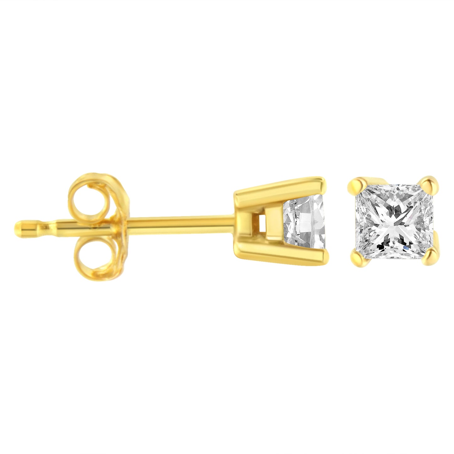 Pendientes de tuerca solitarios clásicos de oro amarillo de 14 quilates, con diamantes de talla princesa de 1/5 quilates, cuadrados, casi incoloros (Color I-J, Claridad I2-I3)