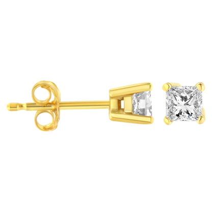 Pendientes de tuerca solitarios clásicos de oro amarillo de 14 quilates, con diamantes de talla princesa de 1/5 quilates, cuadrados, casi incoloros (Color I-J, Claridad I2-I3)