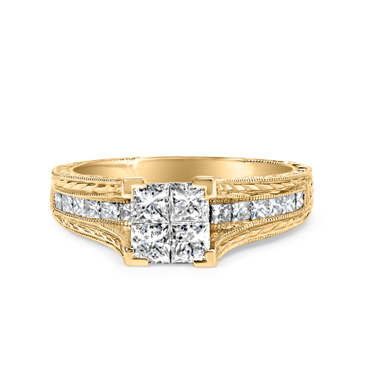Anillo de compromiso de oro amarillo de 14 K con diamantes de princesa de 1,0 quilates (color G-H, claridad VS1-VS2) - Talla 7