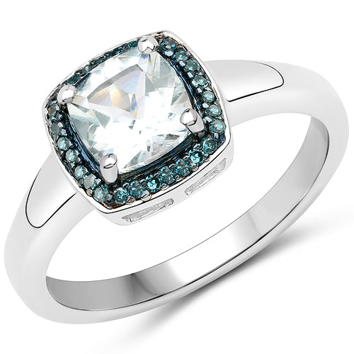 Anillo de plata de ley .925 con aguamarina genuina de 0.83 quilates y diamante azul