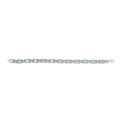 .925 Sterling Silver Oval Blue Topaz Diamond Butterfly Link Bracelet (I-J Color, I1-I2 Clarity) - Size 7" Inches