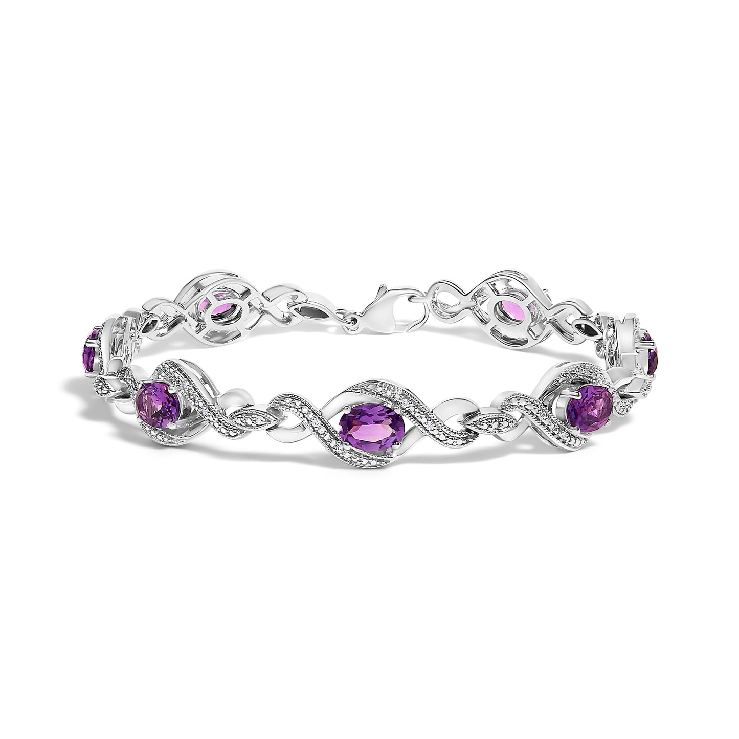 Pulsera de tenis con cruz de amatista ovalada de 7x5 mm y diamante natural redondo de 1/10 Cttw de plata de ley .925 (color I-J, claridad I1-I2) - 7"