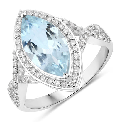 Anillo de oro blanco de 14K con aguamarina genuina de 2.24 quilates y diamantes blancos