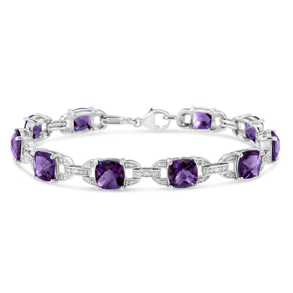 Brazalete tipo tenis de plata de ley .925 con amatista talla cojín de 7 mm y diamantes (color I-J, claridad I1-I2) - Talla 7"