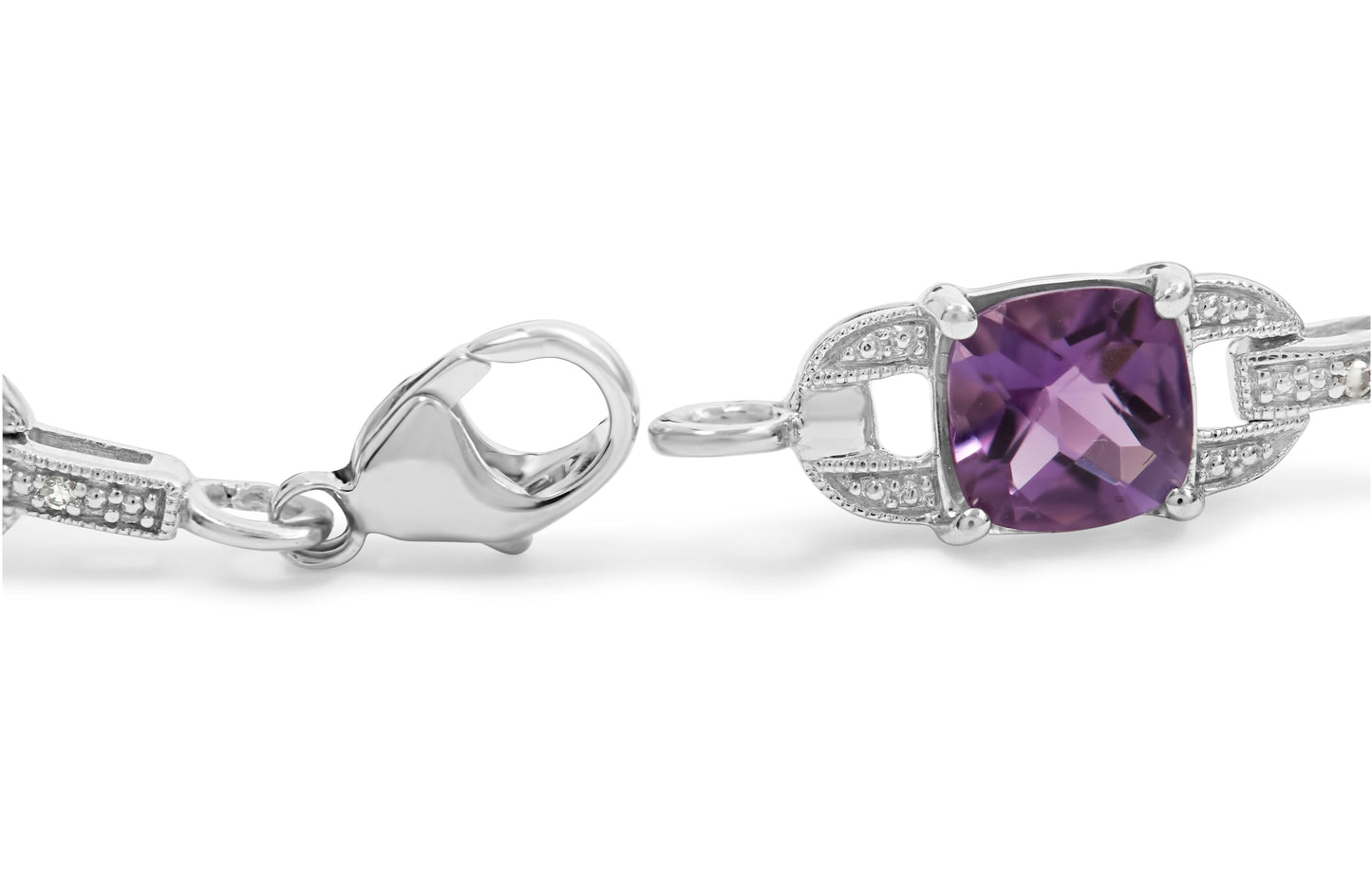Brazalete tipo tenis de plata de ley .925 con amatista talla cojín de 7 mm y diamantes (color I-J, claridad I1-I2) - Talla 7"
