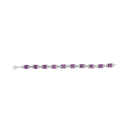 Brazalete tipo tenis de plata de ley .925 con amatista talla cojín de 7 mm y diamantes (color I-J, claridad I1-I2) - Talla 7"