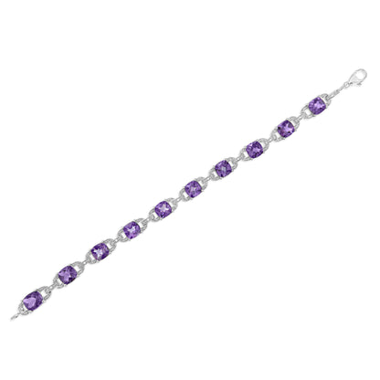 Brazalete tipo tenis de plata de ley .925 con amatista talla cojín de 7 mm y diamantes (color I-J, claridad I1-I2) - Talla 7"