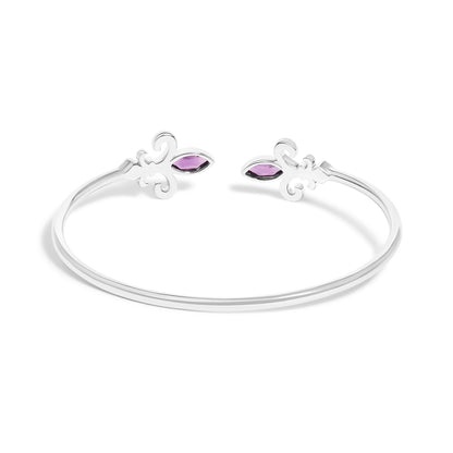 Pulsera abierta de plata de ley .925 con amatista morada marquesa de 8x4 mm y acento de diamante Fleur de Lis (color I-J, claridad I1-I2) - 7"