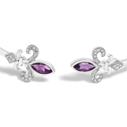 Pulsera abierta de plata de ley .925 con amatista morada marquesa de 8x4 mm y acento de diamante Fleur de Lis (color I-J, claridad I1-I2) - 7"