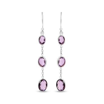 Aretes colgantes de plata esterlina .925 con amatista ovalada morada, corte damero, de 5 cm (2 pulgadas)