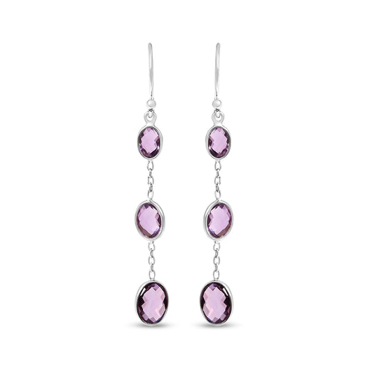 Aretes colgantes de plata esterlina .925 con amatista ovalada morada, corte damero, de 5 cm (2 pulgadas)