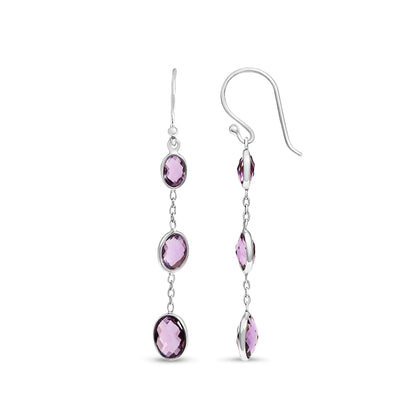 Aretes colgantes de plata esterlina .925 con amatista ovalada morada, corte damero, de 5 cm (2 pulgadas)