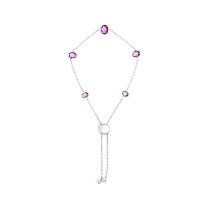 Brazalete bolo ajustable de plata de ley .925 con amatista púrpura engastada en bisel de 5 estaciones