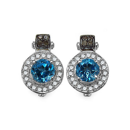Pendientes de plata de ley con topacio azul suizo auténtico de 1,20 quilates y detalles de diamantes auténticos de 0,30 quilates en total