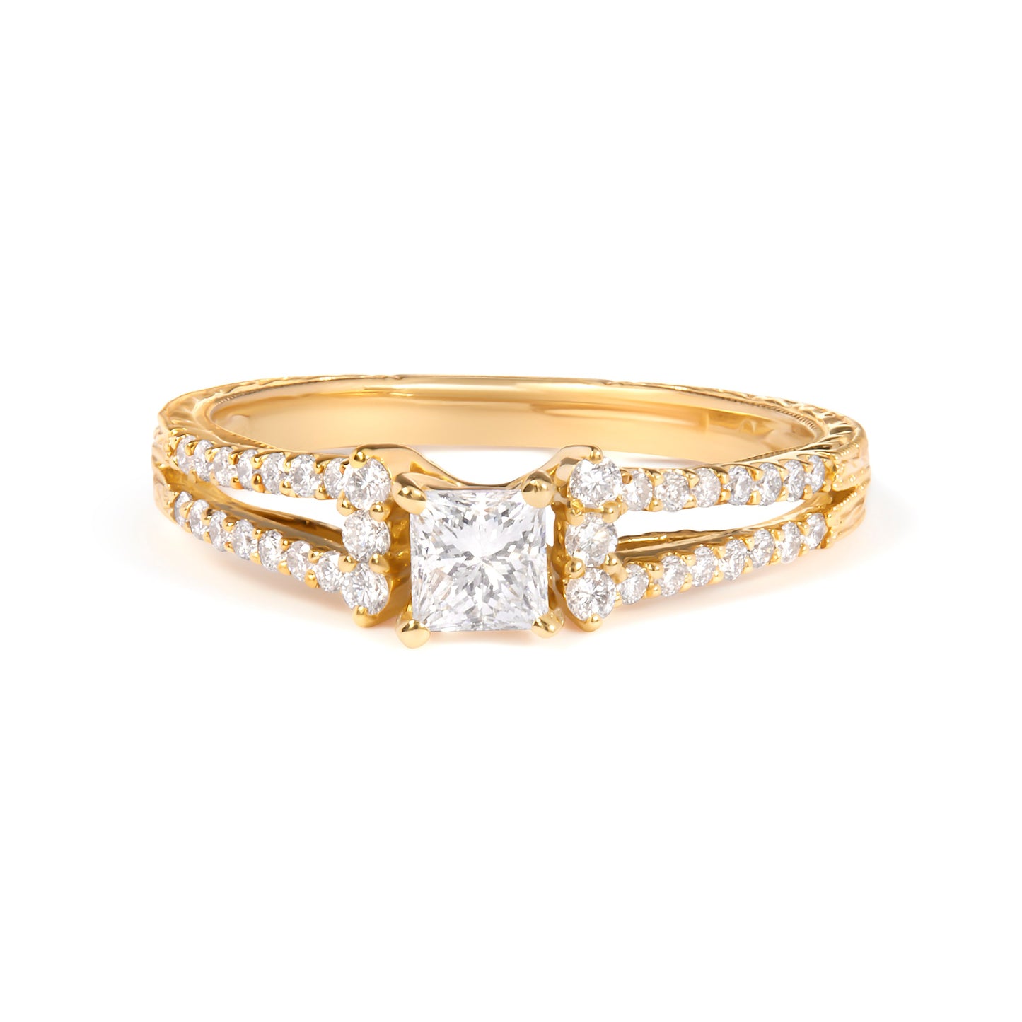 Anillo de compromiso con diamante de oro amarillo de 14 K de 5/8 Cttw, corte princesa, brazo dividido y milgrain (color G-H, claridad VS2-SI1) - Talla 7