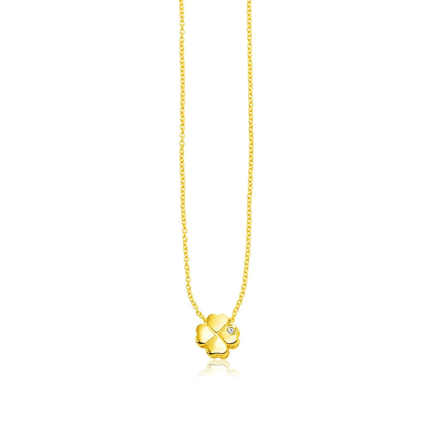 Collar de trébol de cuatro hojas pulido de oro amarillo de 14k con diamante