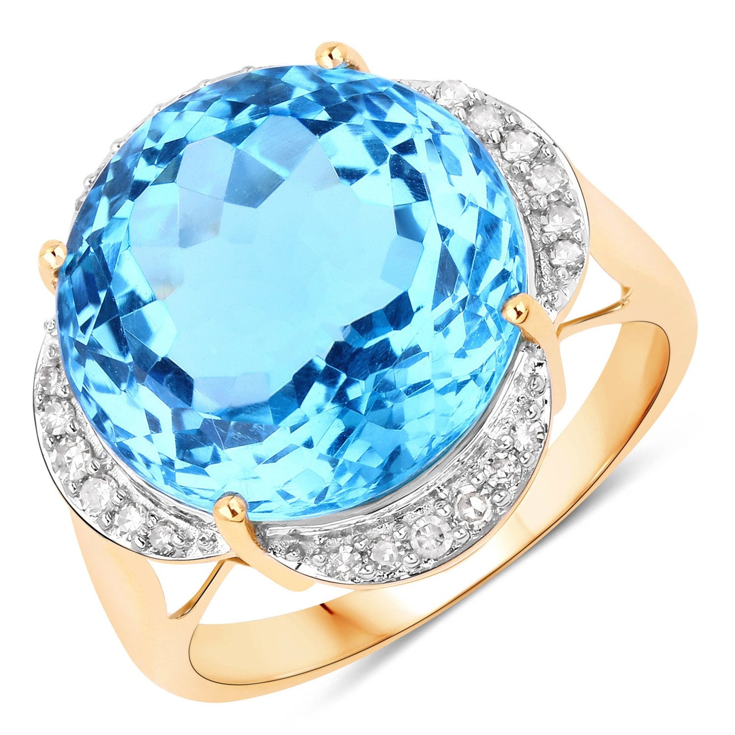 Anillo de oro amarillo de 14 quilates con topacio azul suizo auténtico de 12,69 quilates y diamante blanco