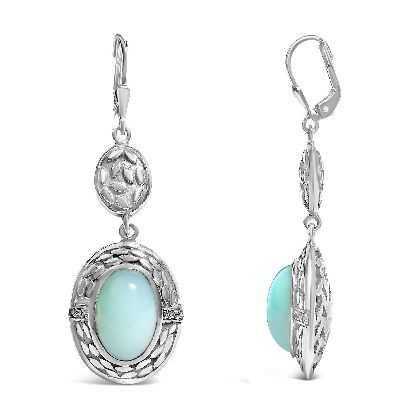 Pendientes colgantes de plata de ley .925 con calcedonia y acento de diamante (color K-L, claridad I1-I2)