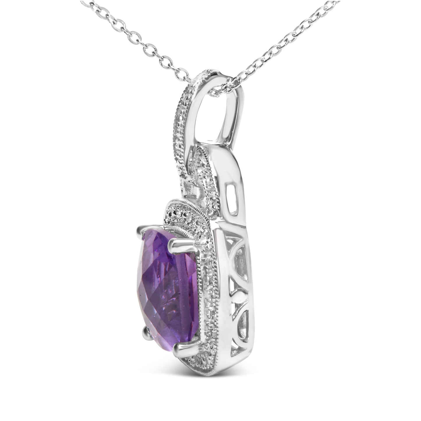 Collar con colgante de plata de ley .925 con amatista morada de talla cojín de 10 x 10 mm y halo con acento de diamante de 18" (color I-J, claridad I1-I2)