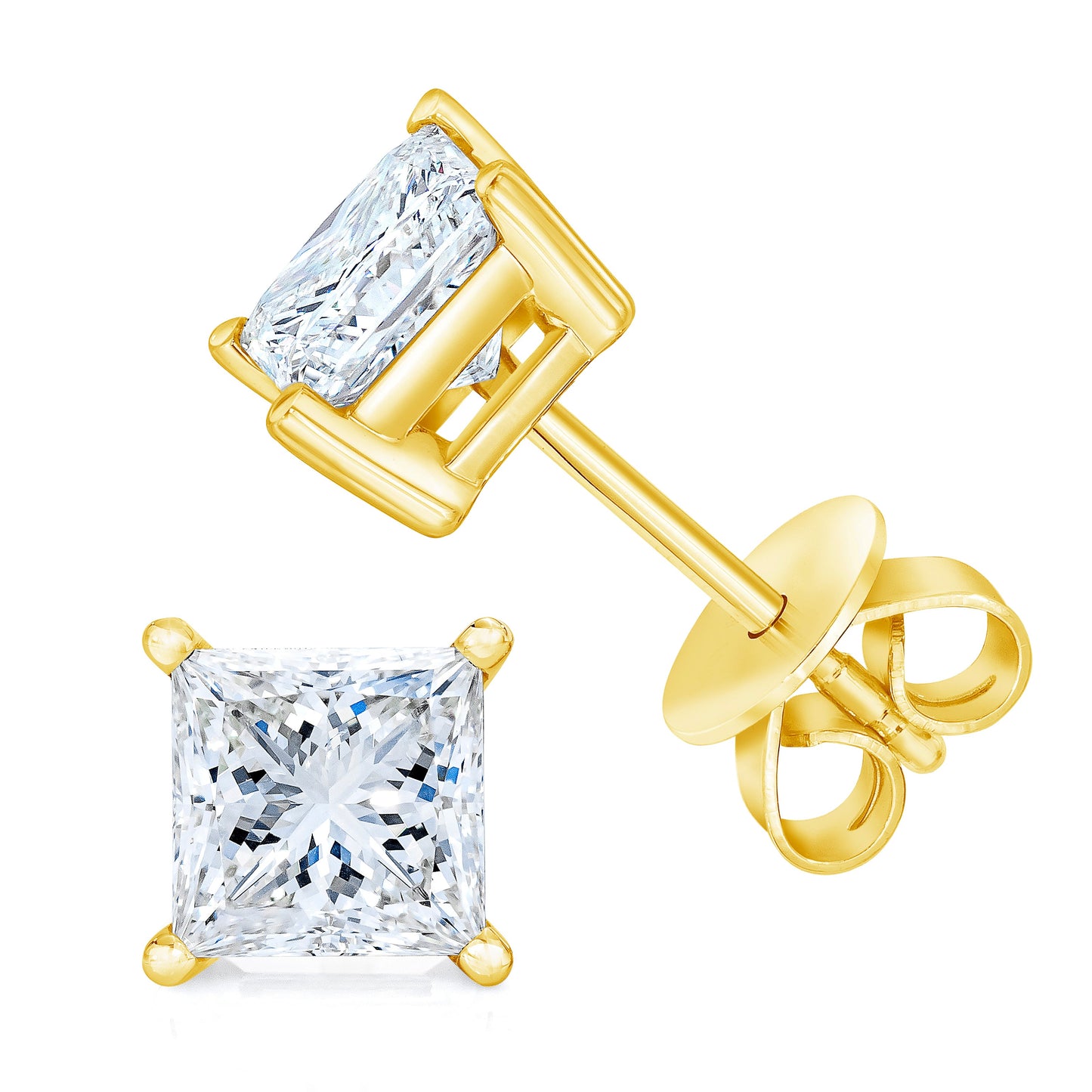 Pendientes de tuerca solitarios clásicos de oro amarillo de 14 quilates, con diamantes de talla princesa de 1/5 quilates, cuadrados, casi incoloros (Color I-J, Claridad I2-I3)