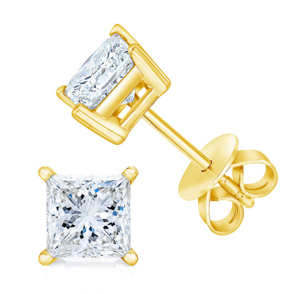 Pendientes de tuerca solitarios clásicos de oro amarillo de 14 quilates, con diamantes de talla princesa de 1/5 quilates, cuadrados, casi incoloros (Color I-J, Claridad I2-I3)