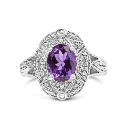 Anillo de cóctel de estilo art déco con amatista morada ovalada de 9x7 mm y detalles de diamantes en plata de ley .925 (color I-J, claridad I1-I2) - Talla 6