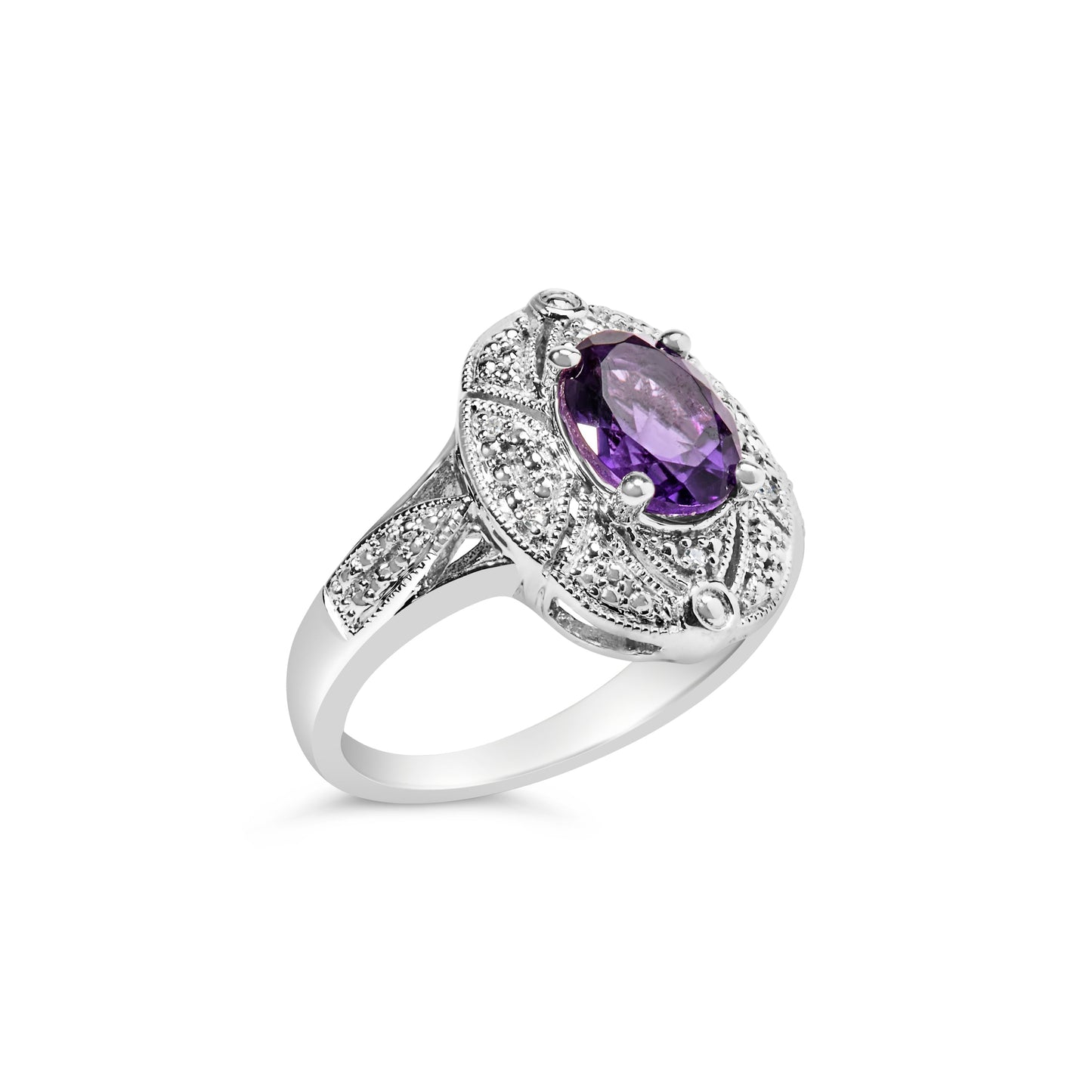Anillo de cóctel de estilo art déco con amatista morada ovalada de 9x7 mm y detalles de diamantes en plata de ley .925 (color I-J, claridad I1-I2) - Talla 6