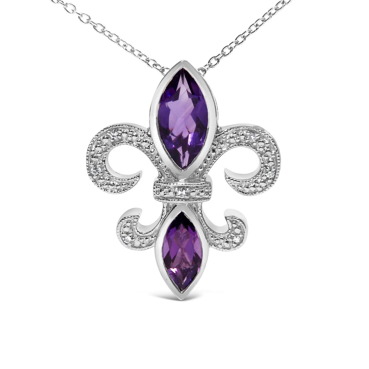Collar con colgante de flor de lis de amatista morada marquesa y acento de diamante de plata de ley .925 (Color H-I, Claridad SI1-SI2) - Tamaño 18"
