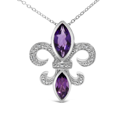 Collar con colgante de flor de lis de amatista morada marquesa y acento de diamante de plata de ley .925 (Color H-I, Claridad SI1-SI2) - Tamaño 18"