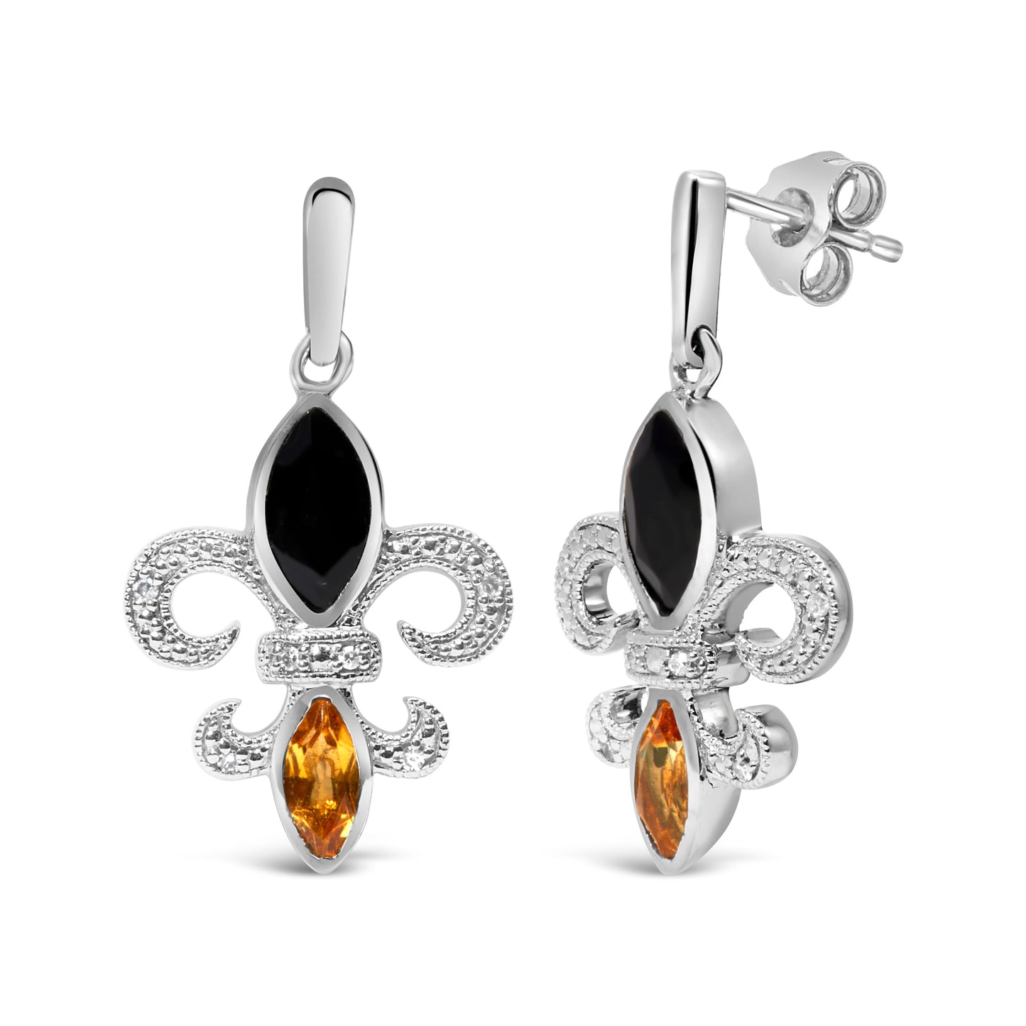 Pendientes colgantes de plata de ley .925 con forma de flor de lis, ónix y citrino talla marquesa con acento de diamante (color H-I, claridad SI1-SI2)